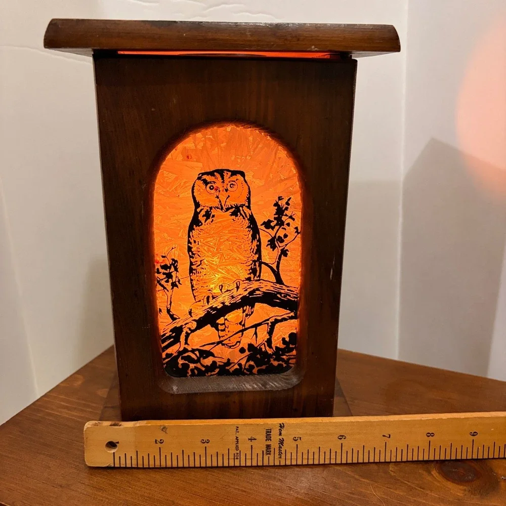 Vintage Rustic Wood Owl‎ Lantern Candle Holder Box Mirror Interior Amber Glow